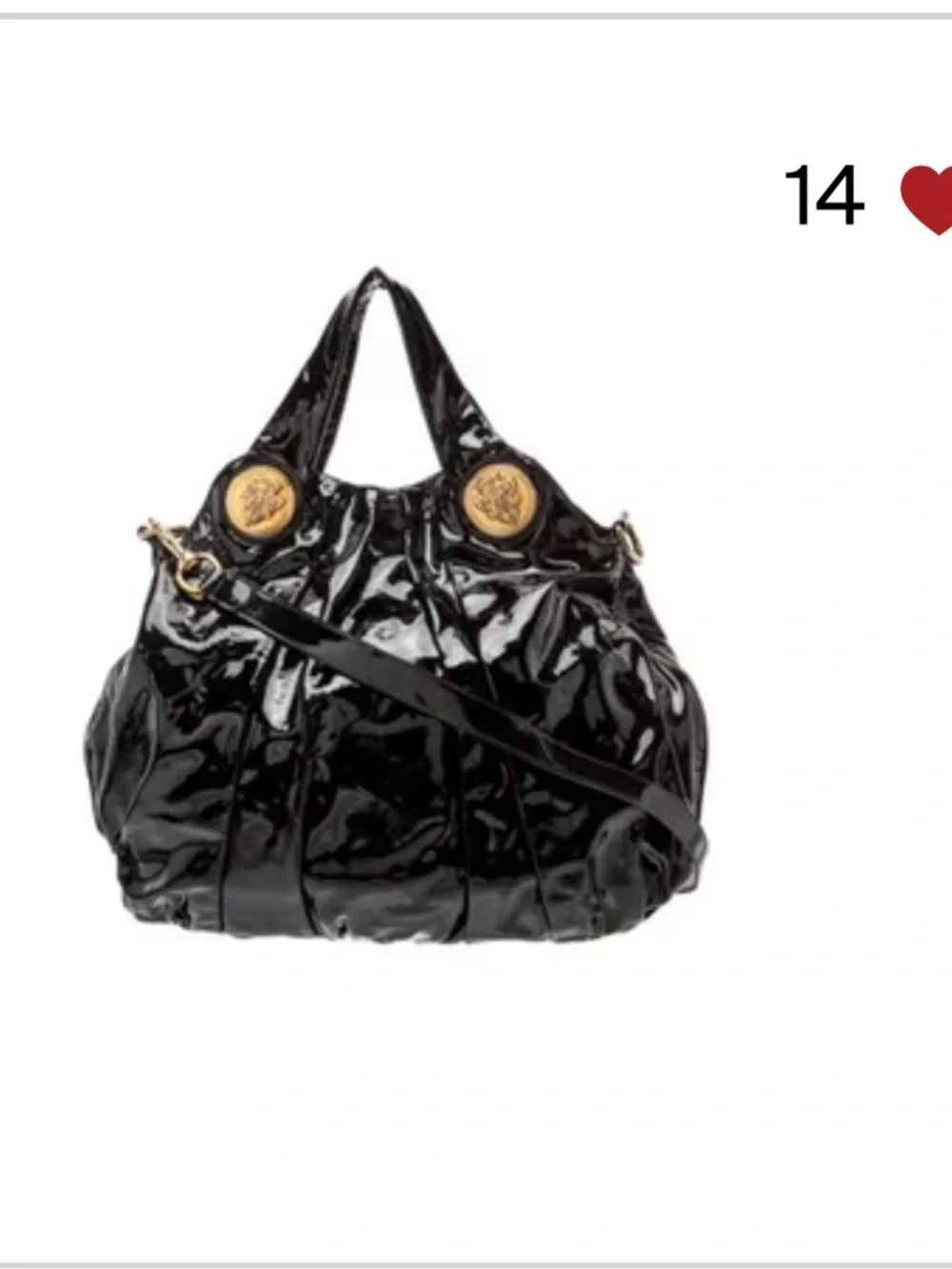 Black Patent Leather Shoulder Bag with Gold Medallions